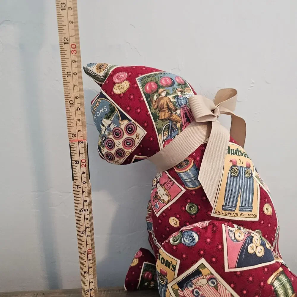 Vintage Handmade Cat Plush Red Patchwork Shelf Sitter Sewing Cottage Kitty Cats